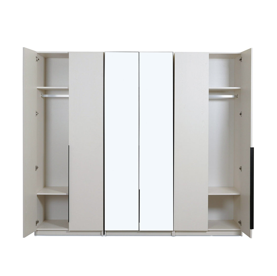Wayo 6 Door Wardrobe featuring spacious compartments, hanging rods, and shelves for modern bedroom organization.