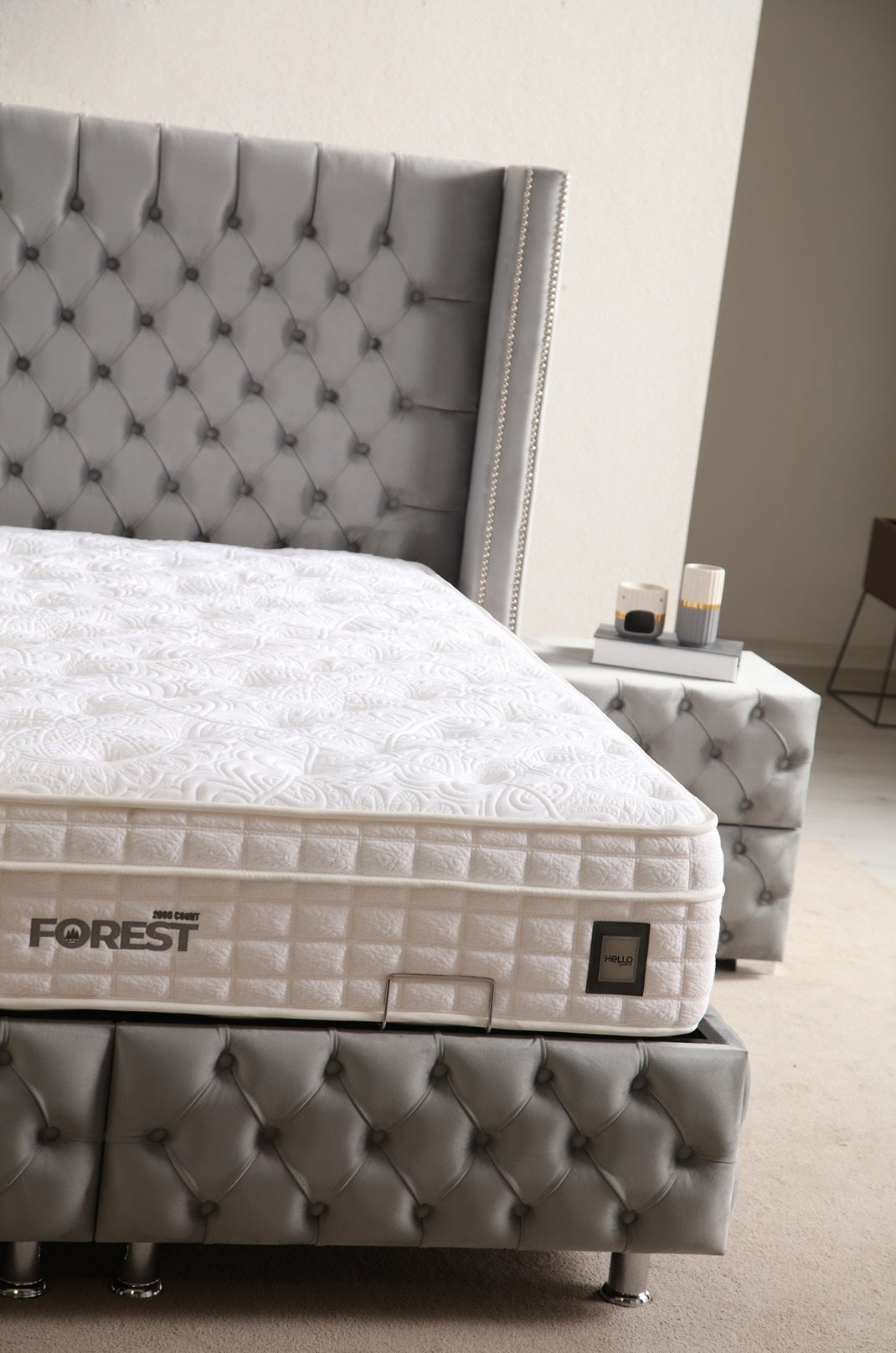 Spring Base Headboard Set with luxurious quilted design and storage base