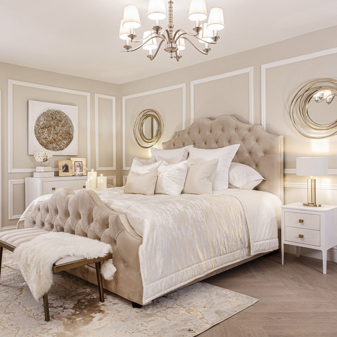 Belvoir Grey Luxury Curved Velvet Bed with a plush velvet finish and elegant curved headboard