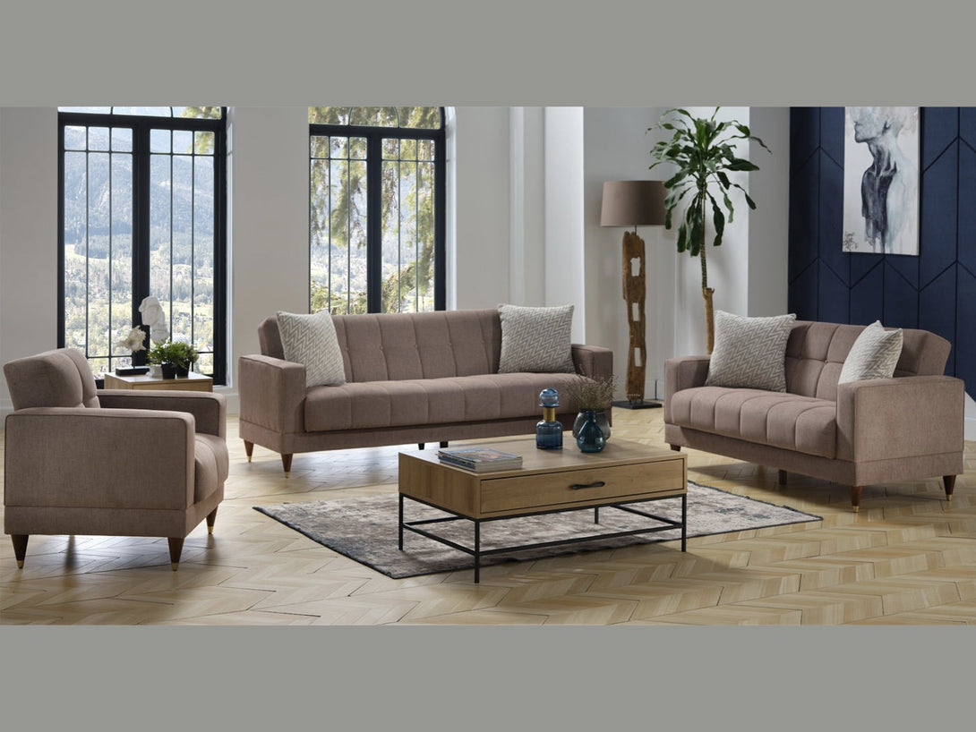Camilla Living Room Sofa Set with sleek design, wooden frame, and plush cushions.