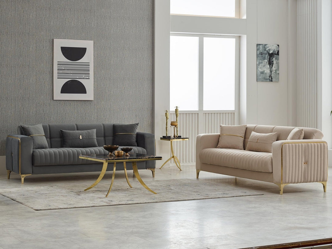 Carmela Living Room Sofa Set with elegant design, solid wooden frame, and plush cushions.