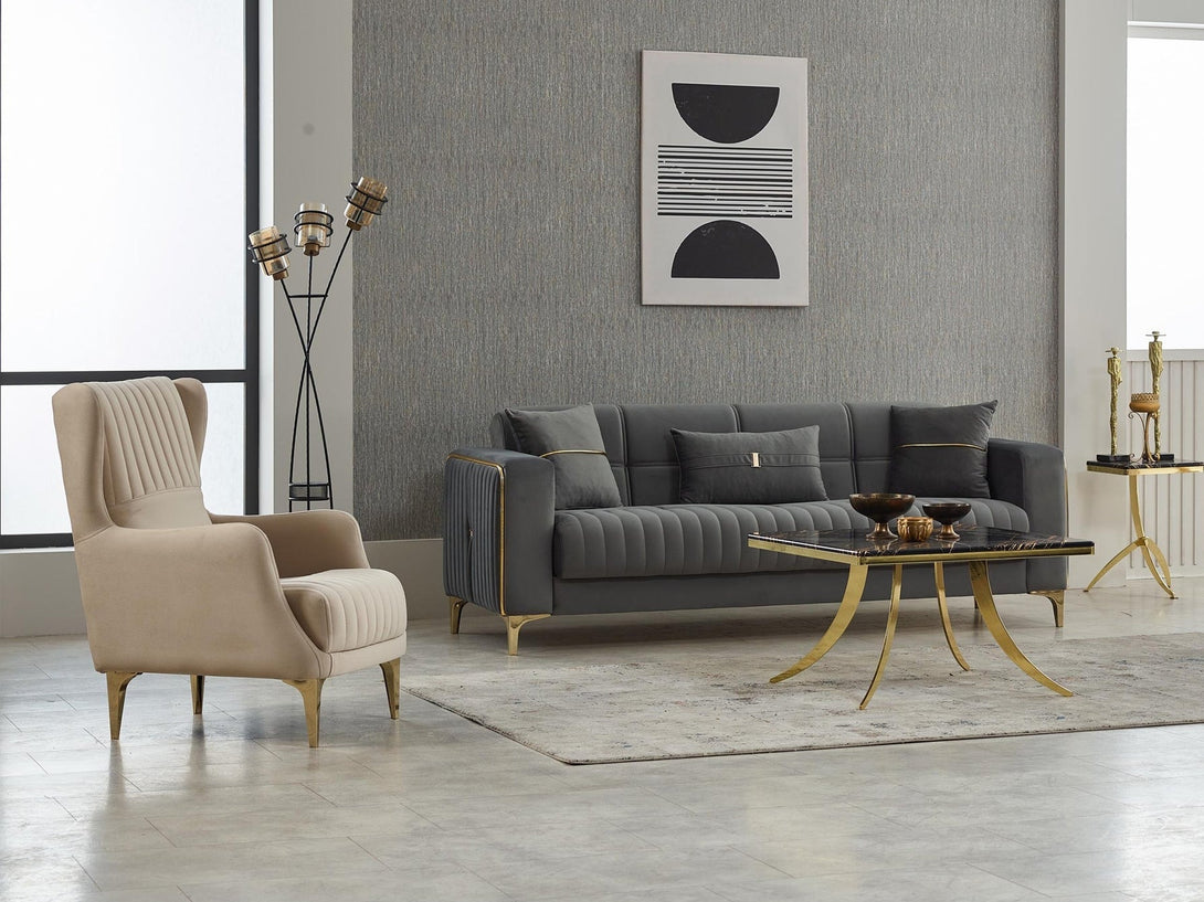Carmela Living Room Sofa Set with elegant design, solid wooden frame, and plush cushions.