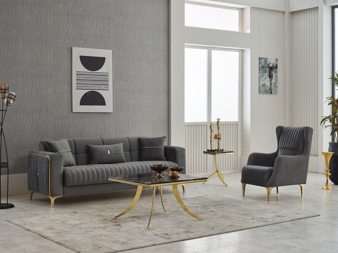 Carmela Living Room Sofa Set with elegant design, solid wooden frame, and plush cushions.