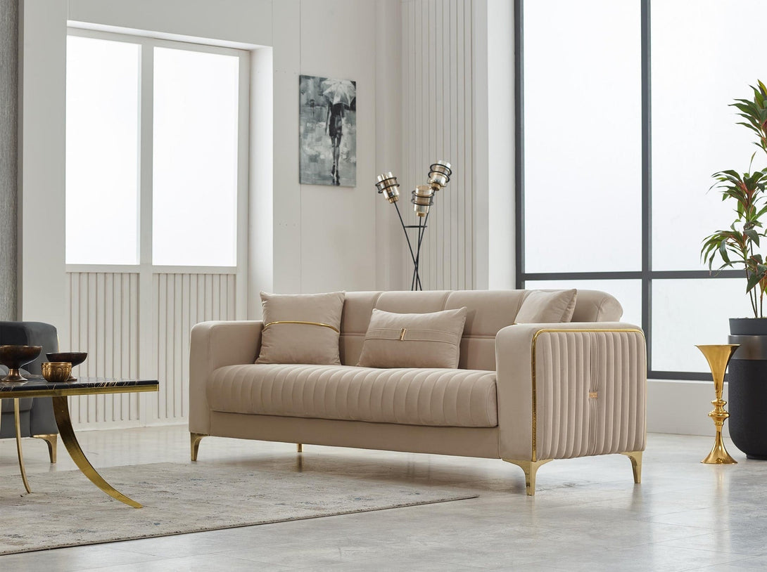 Carmela Living Room Sofa Set with elegant design, solid wooden frame, and plush cushions.