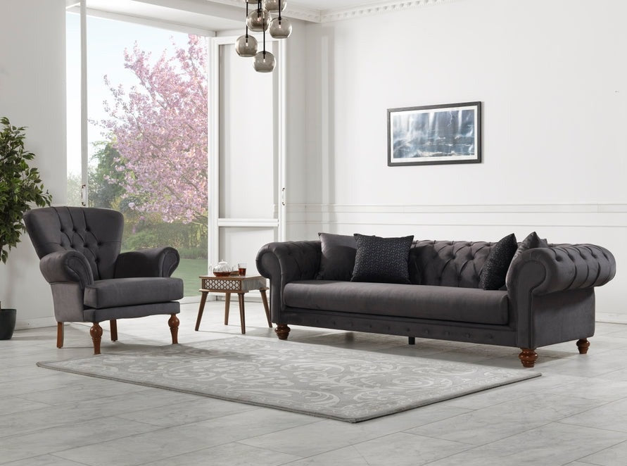 Chester Living Room Sofa Set with tufted design, wooden frame, and plush seating.