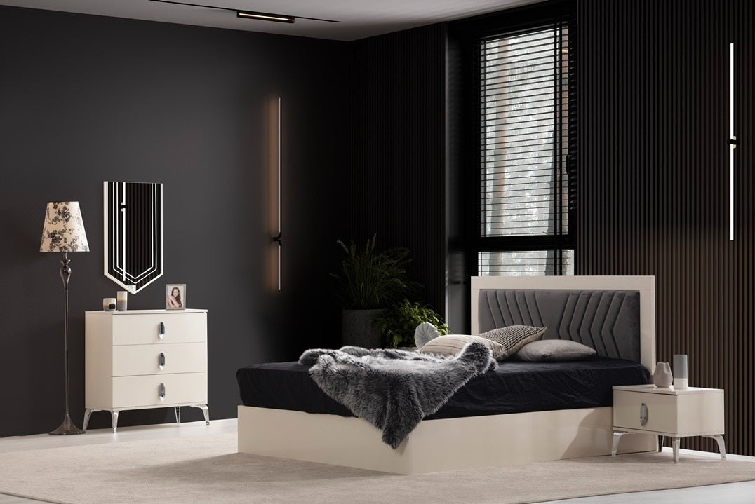 Deep Bedroom Set featuring modern lines, mirrored cabinet, and ample storage