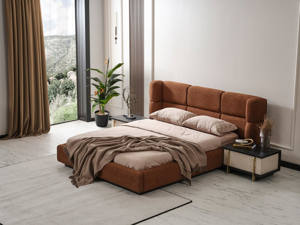 Elis Platform Bed with sturdy wooden frame and plush upholstered headboard