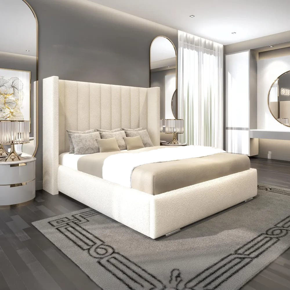 Empire Cream Boucle Bed with upholstered boucle fabric and modern design