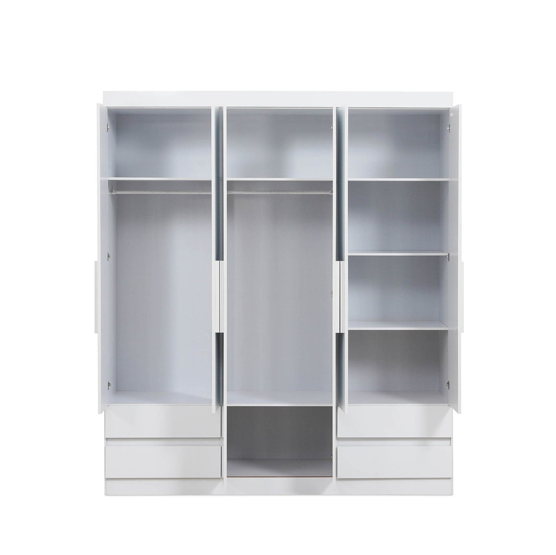 Enstatite 6 Door Wardrobe with 4 drawers, adjustable shelves, and hanging rods for efficient bedroom storage.