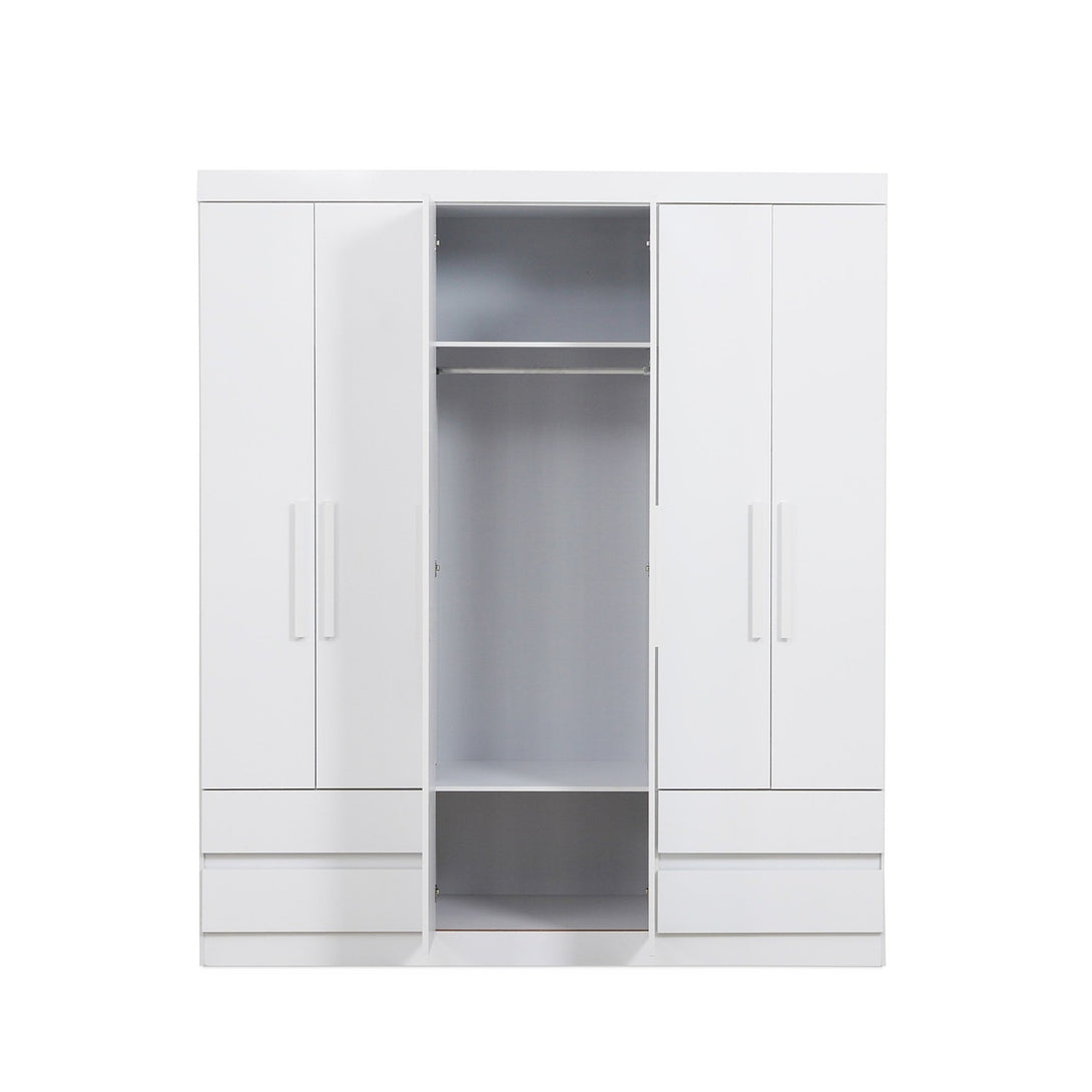 Enstatite 6 Door Wardrobe with 4 drawers, adjustable shelves, and hanging rods for efficient bedroom storage.