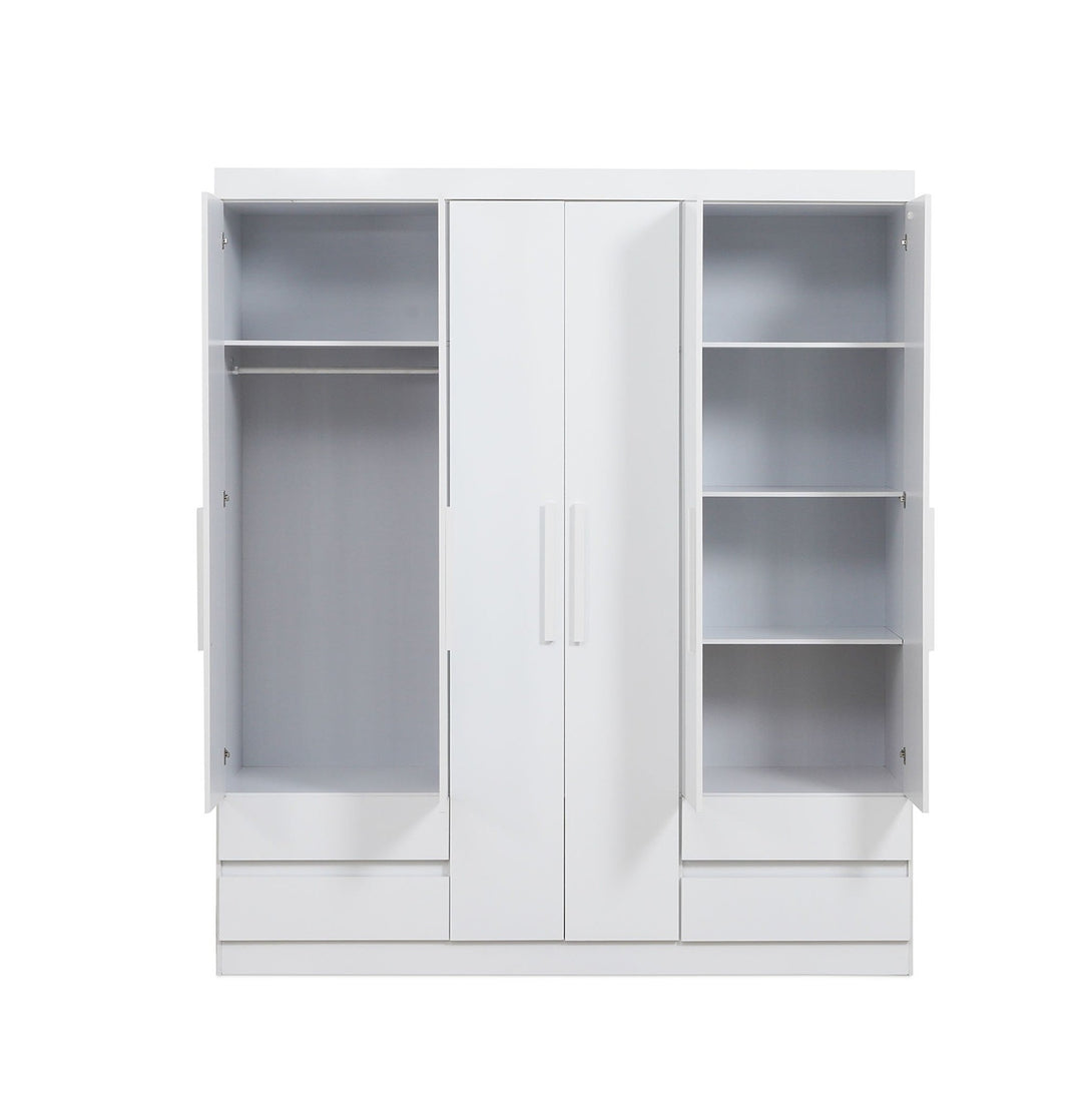 Enstatite 6 Door Wardrobe with 4 drawers, adjustable shelves, and hanging rods for efficient bedroom storage.