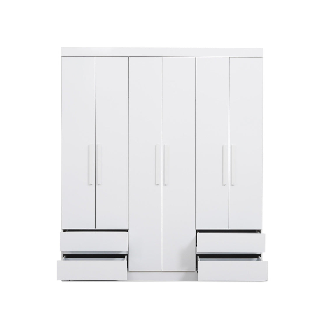 Enstatite 6 Door Wardrobe with 4 drawers, adjustable shelves, and hanging rods for efficient bedroom storage.
