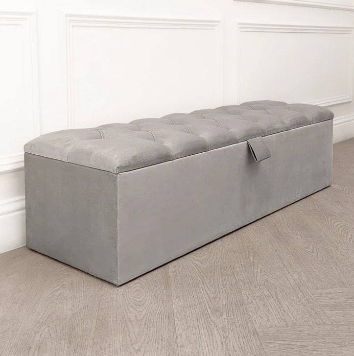 Grey Button Tufted Ottoman with plush cushioning and elegant button tufting for stylish home decor.