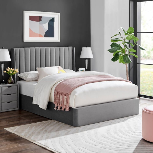 Harper Grey Velvet Bed with tufted headboard and luxurious grey velvet upholstery