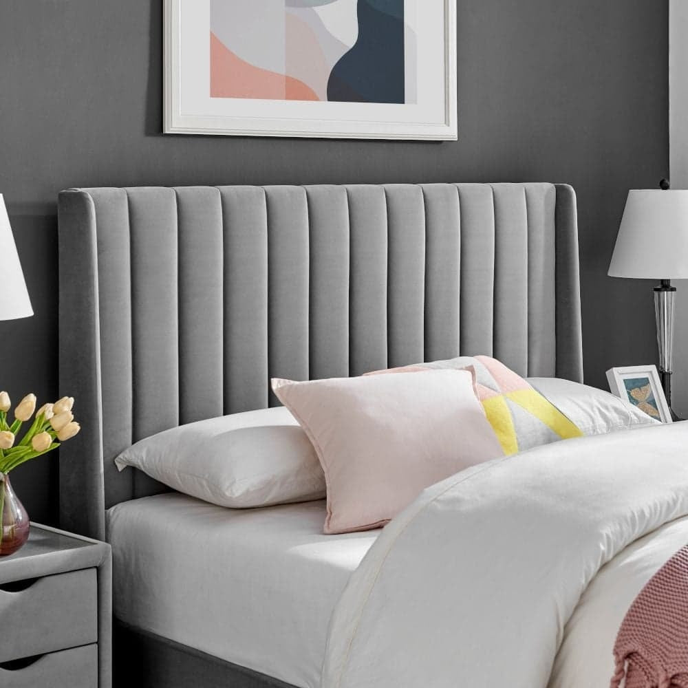 Harper Grey Velvet Bed with tufted headboard and luxurious grey velvet upholstery
