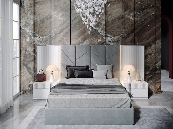 Helen Platform Bed with wooden frame and upholstered headboard in modern design