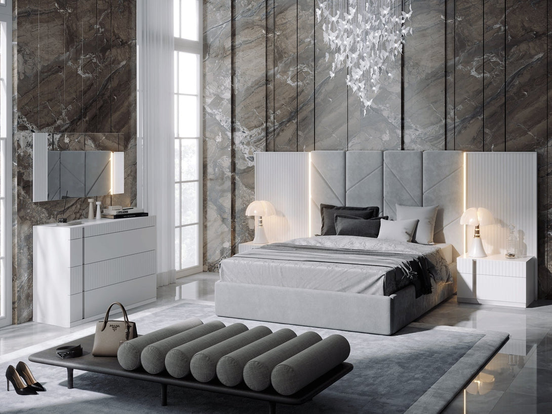 Helen Platform Bed with wooden frame and upholstered headboard in modern design