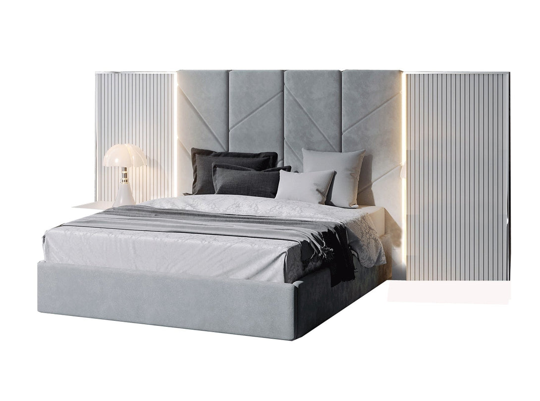 Helen Platform Bed with wooden frame and upholstered headboard in modern design