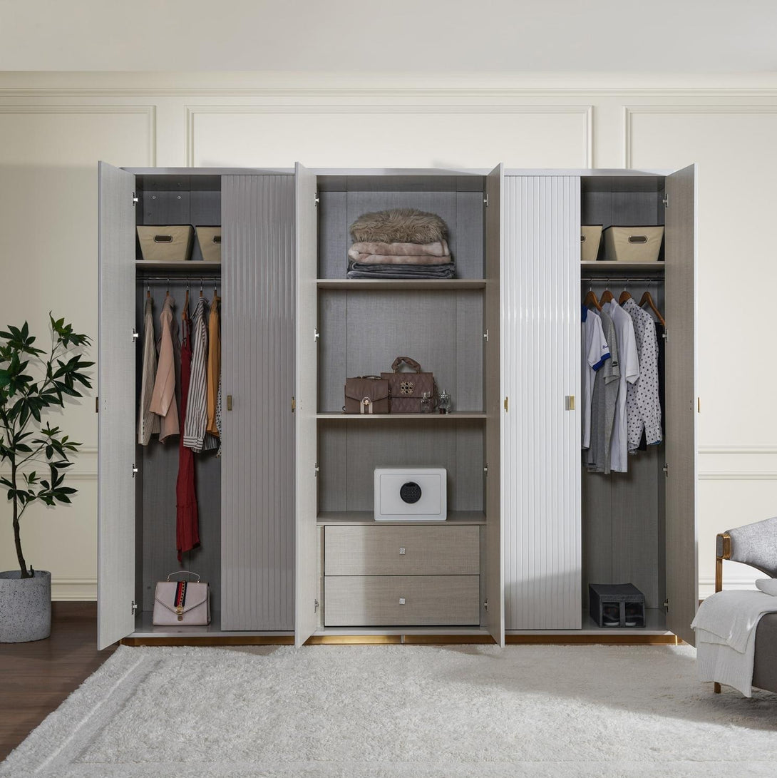 Humana 6 Door Wardrobe with ample storage space, multiple shelves, and hanging rods for modern bedroom organization.