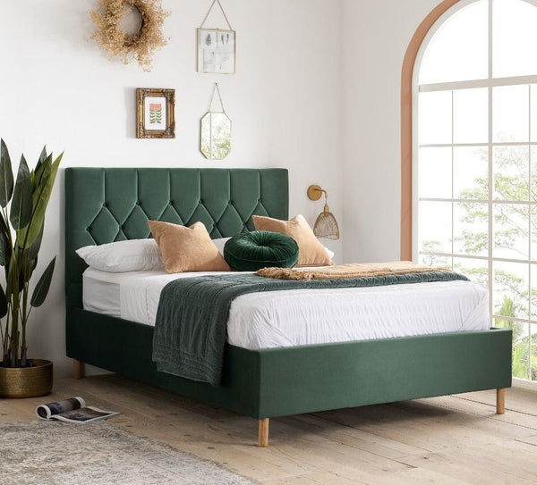 Loxley Velvet Fabric Upholstered Bed with a padded headboard