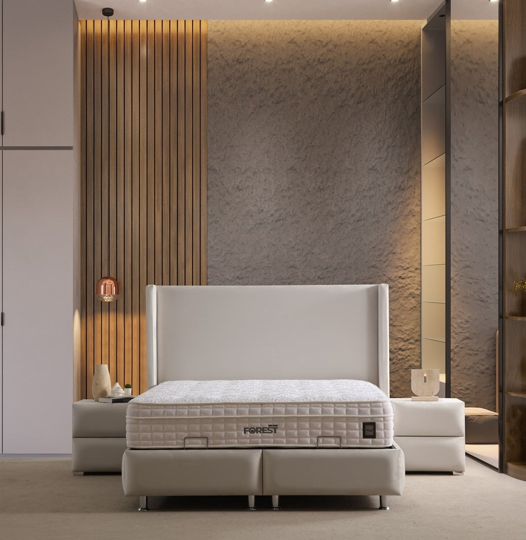 Lucca Base Headboard Set with high headboard, minimalist design, and storage base
