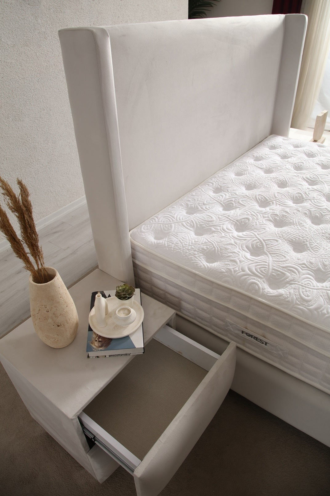 Lucca Base Headboard Set with high headboard, minimalist design, and storage base
