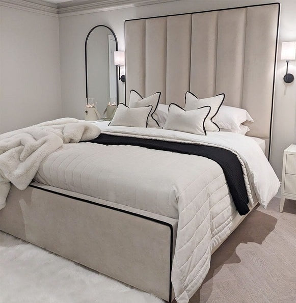 Mercer Velvet Luxury Panelled Bed with Contrast Black Piping