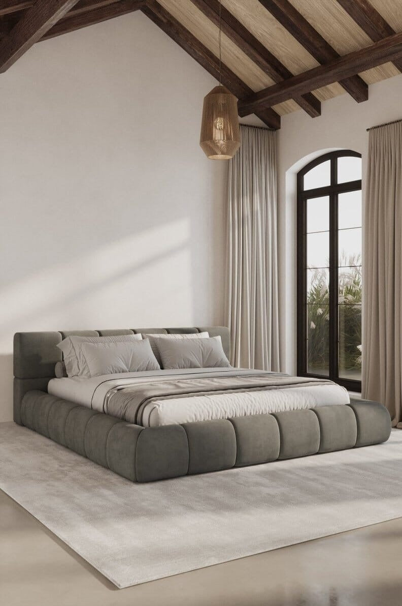 Mirela Platform Bed with tufted headboard and wrapped base in deep tones