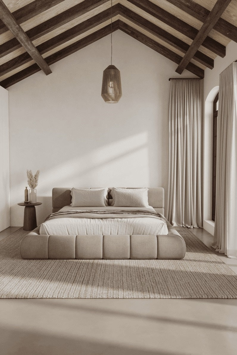 Mirela Platform Bed with tufted headboard and wrapped base in deep tones