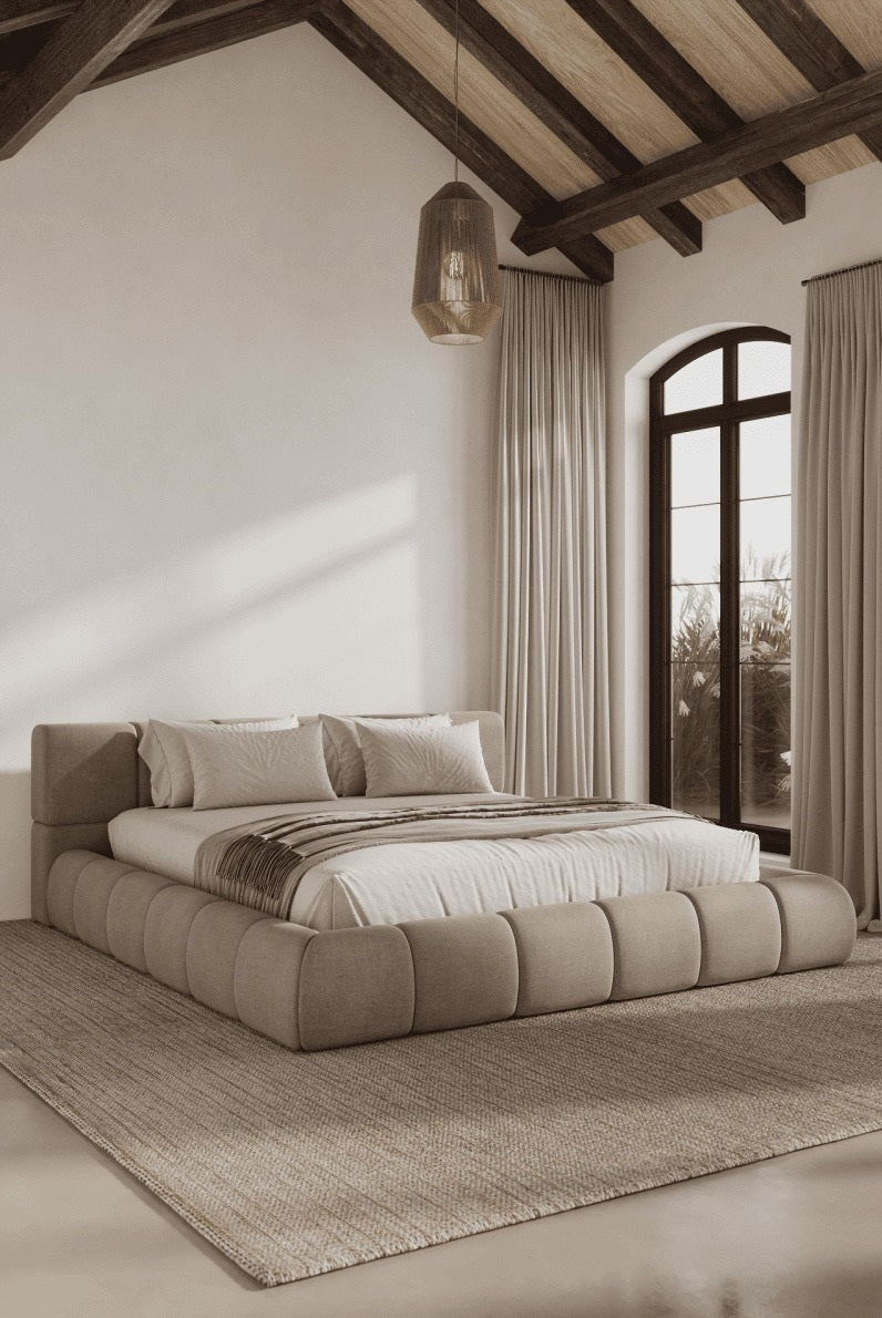 Mirela Platform Bed with tufted headboard and wrapped base in deep tones