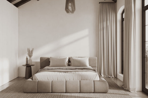 Mirela Platform Bed with tufted headboard and wrapped base in deep tones