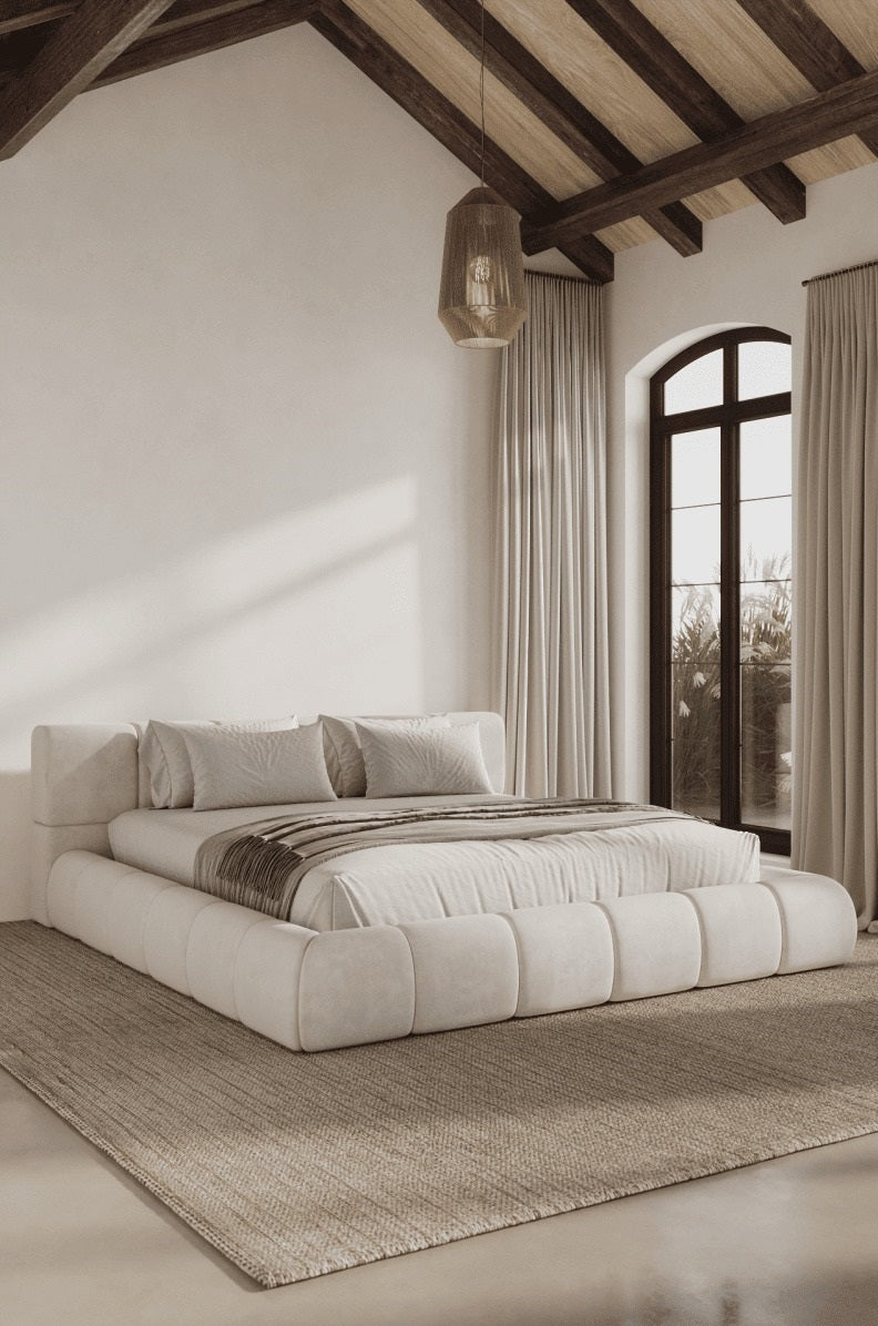 Mirela Platform Bed with tufted headboard and wrapped base in deep tones