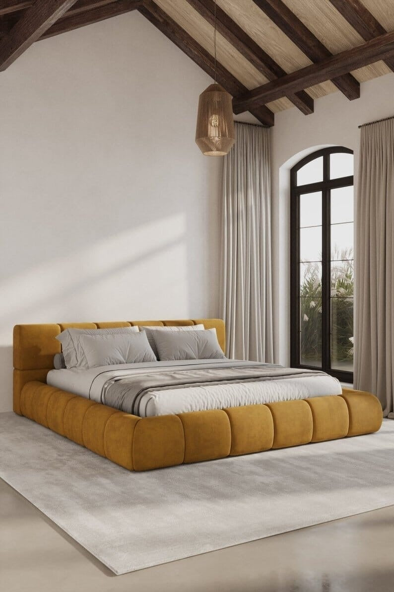 Mirela Platform Bed with tufted headboard and wrapped base in deep tones