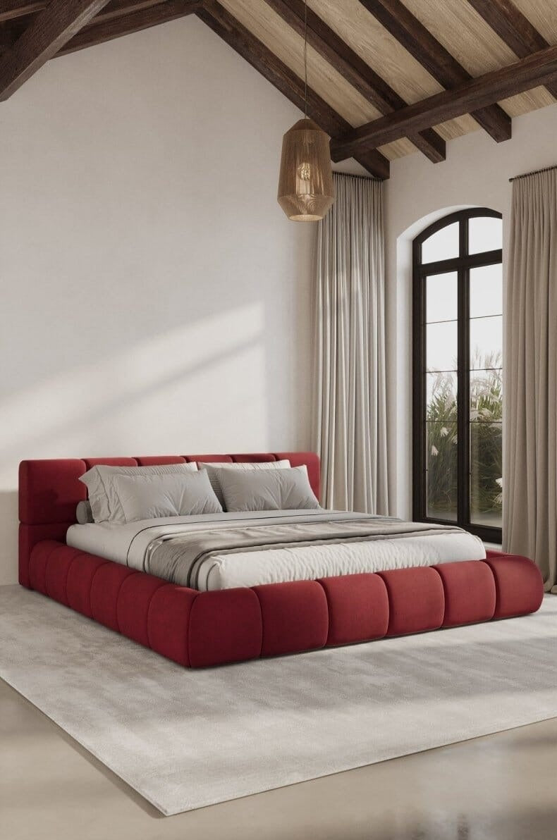 Mirela Platform Bed with tufted headboard and wrapped base in deep tones