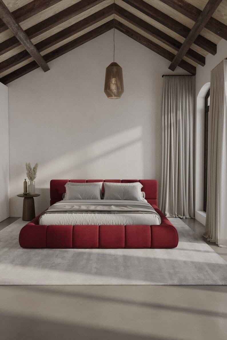 Mirela Platform Bed with tufted headboard and wrapped base in deep tones