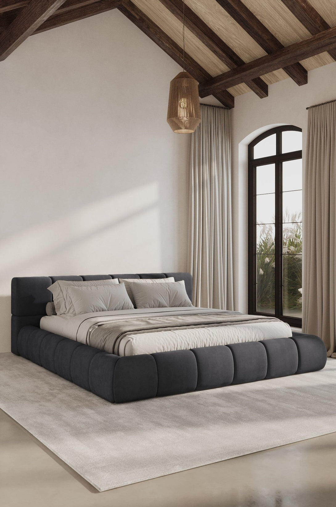 Mirela Platform Bed with tufted headboard and wrapped base in deep tones