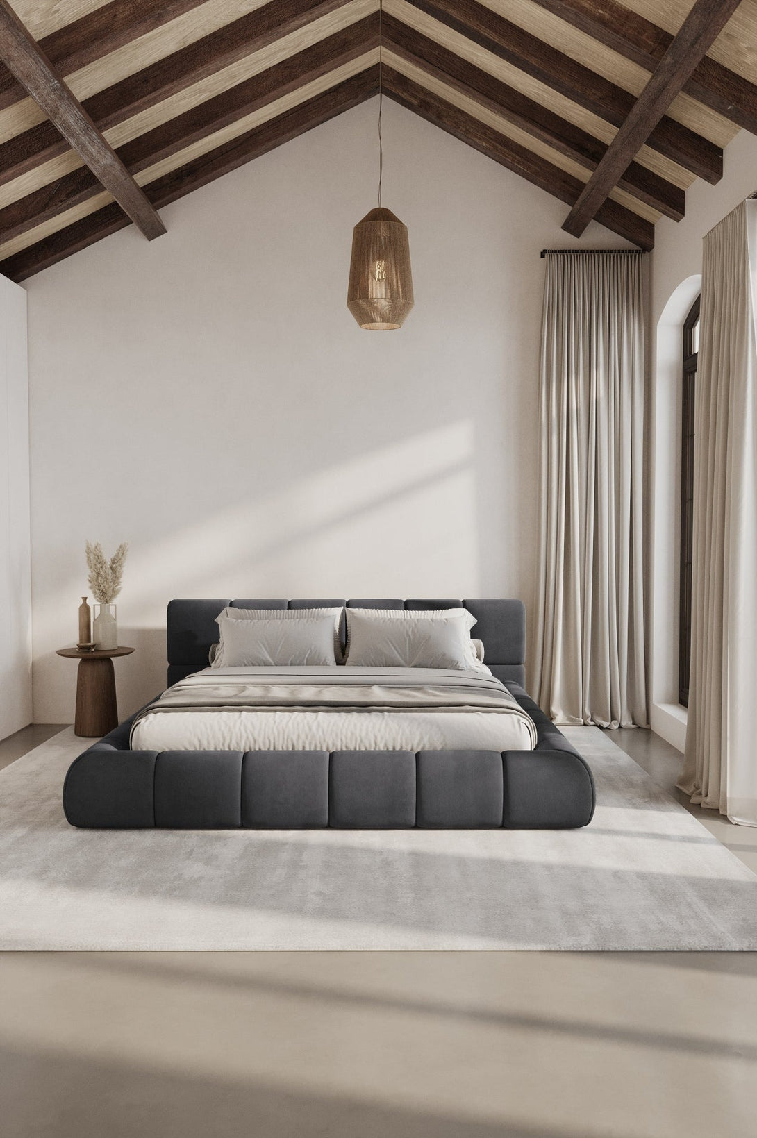 Mirela Platform Bed with tufted headboard and wrapped base in deep tones