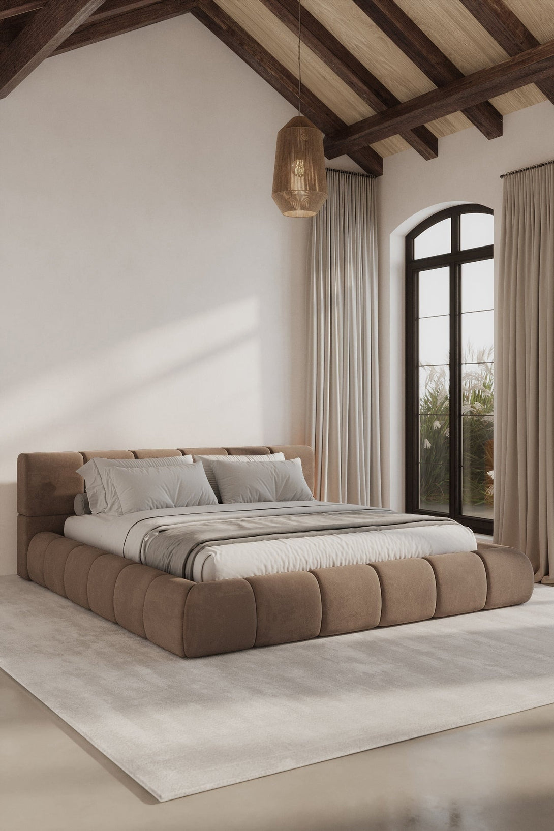Mirela Platform Bed with tufted headboard and wrapped base in deep tones