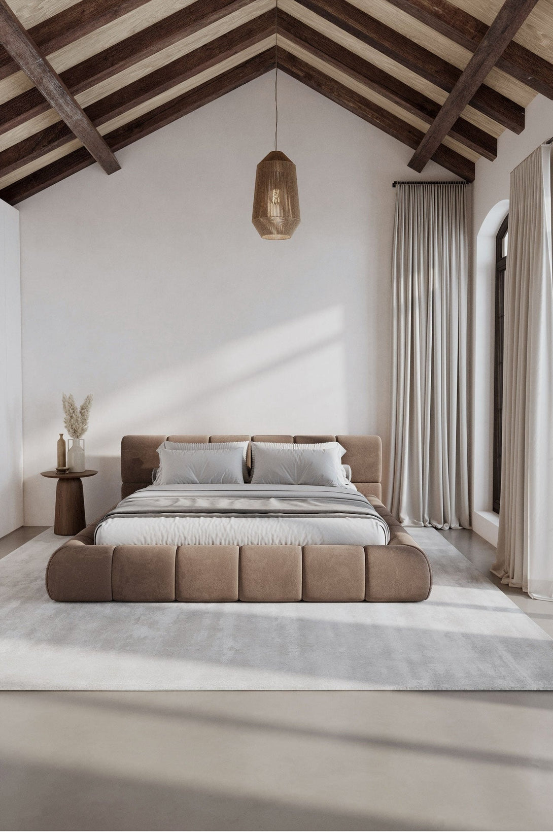 Mirela Platform Bed with tufted headboard and wrapped base in deep tones