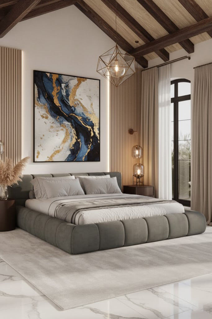 Mirela Platform Bed with tufted headboard and wrapped base in deep tones