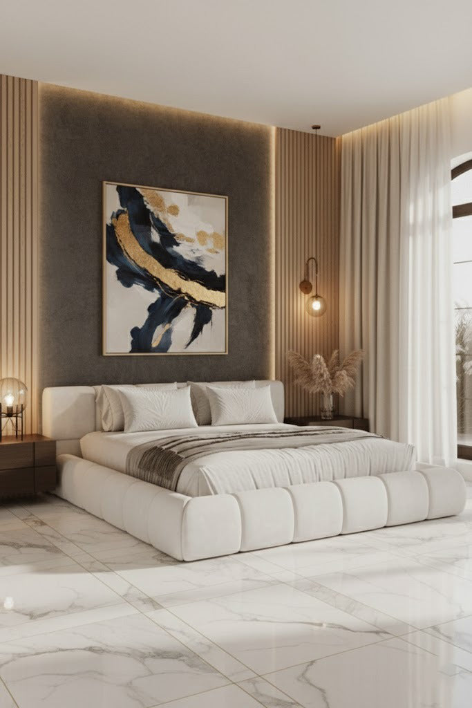 Mirela Platform Bed with tufted headboard and wrapped base in deep tones
