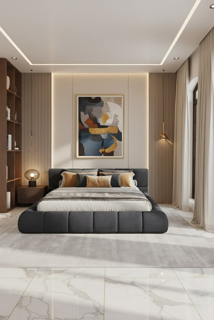 Mirela Platform Bed with tufted headboard and wrapped base in deep tones