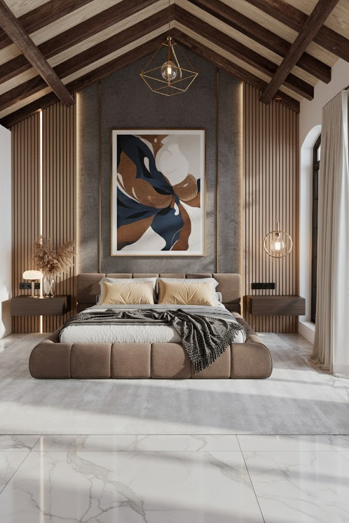 Mirela Platform Bed with tufted headboard and wrapped base in deep tones