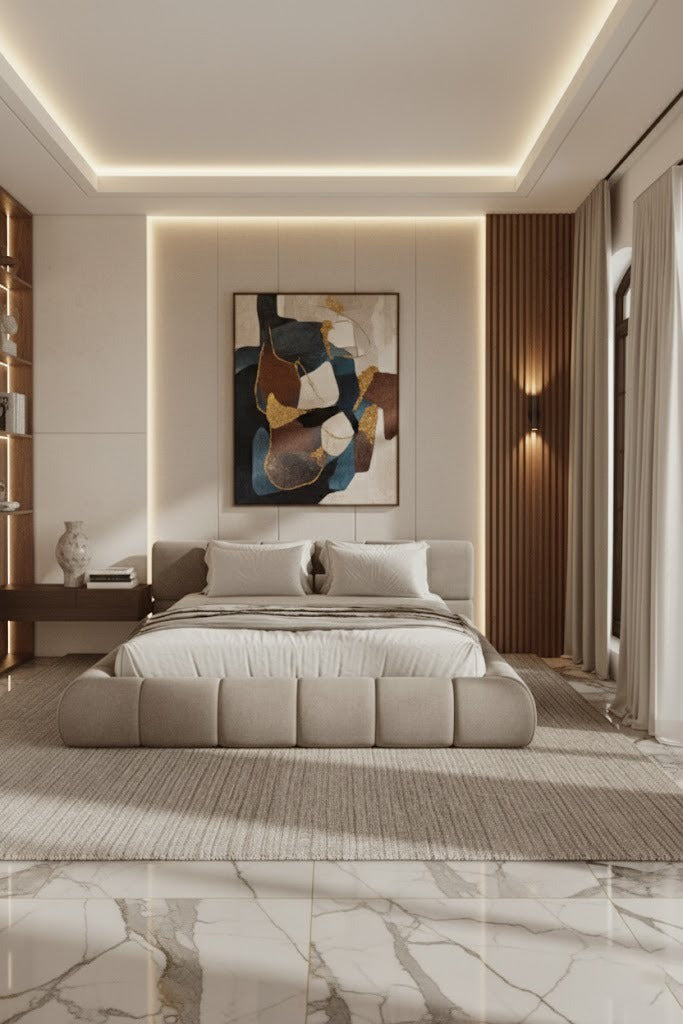 Mirela Platform Bed with tufted headboard and wrapped base in deep tones