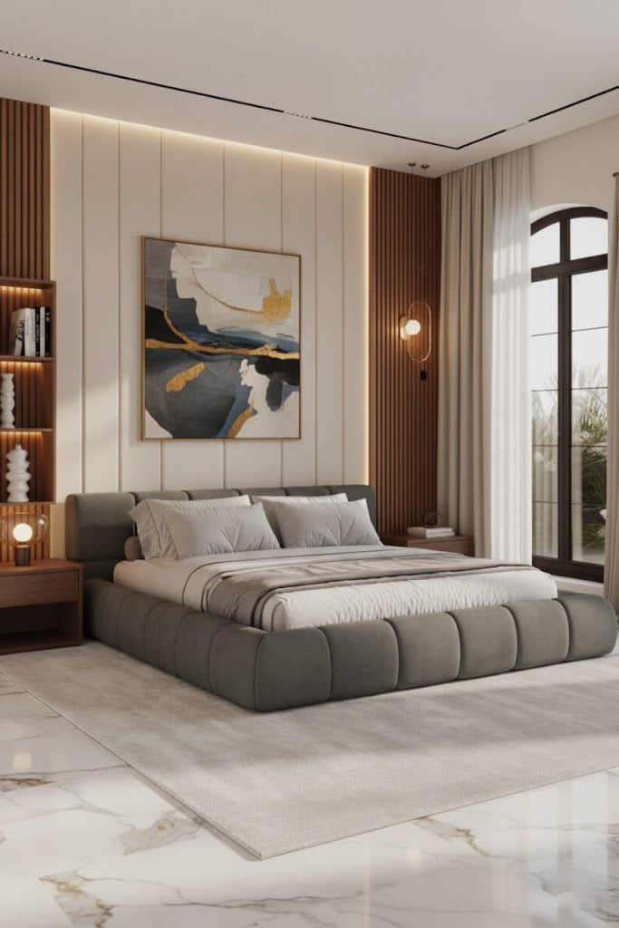 Mirela Platform Bed with tufted headboard and wrapped base in deep tones