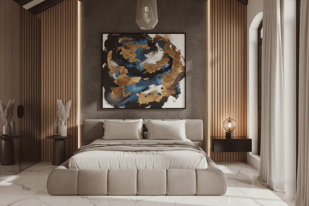 Mirela Platform Bed with tufted headboard and wrapped base in deep tones