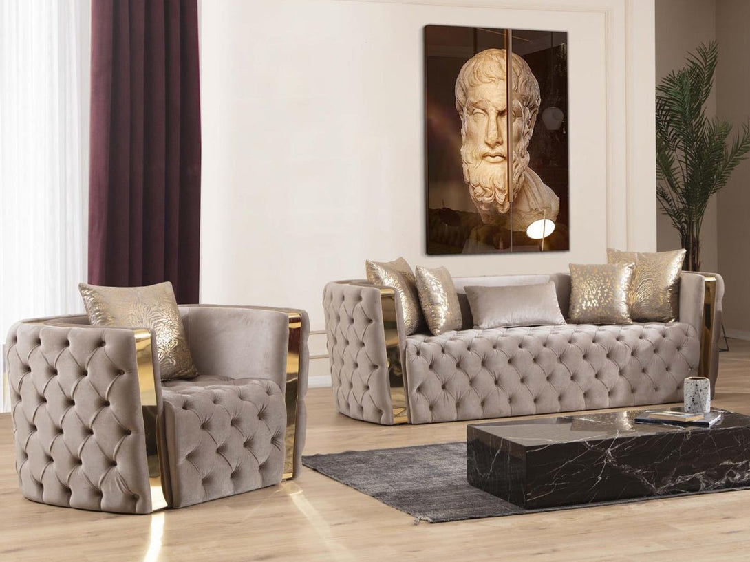 Naomi Living Room Sofa Set with sleek modern design, wooden frame, and plush cushions.