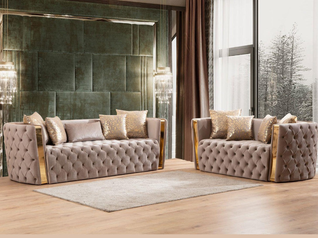 Naomi Living Room Sofa Set with sleek modern design, wooden frame, and plush cushions.