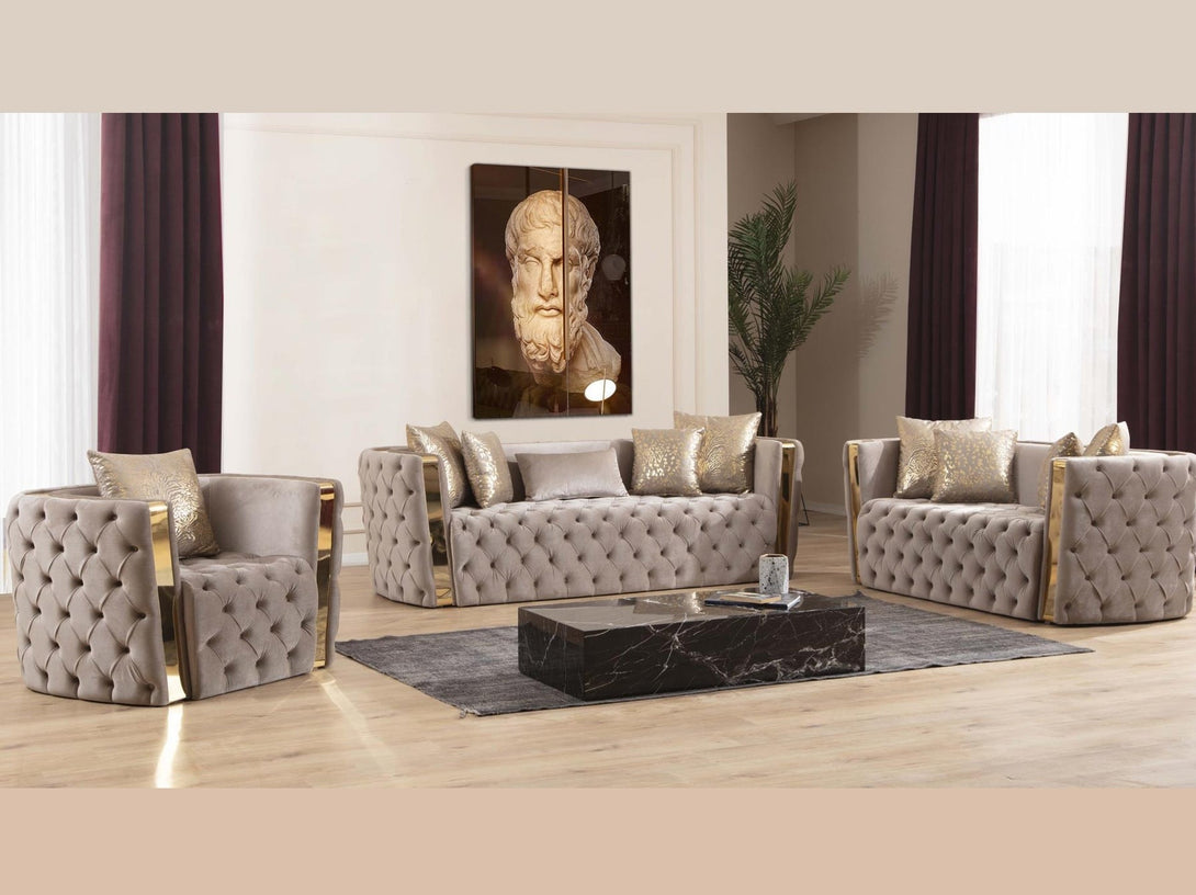 Naomi Living Room Sofa Set with sleek modern design, wooden frame, and plush cushions.