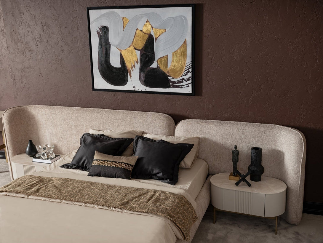 Portoa European Platform Bed with a solid wooden frame and luxurious upholstered headboard